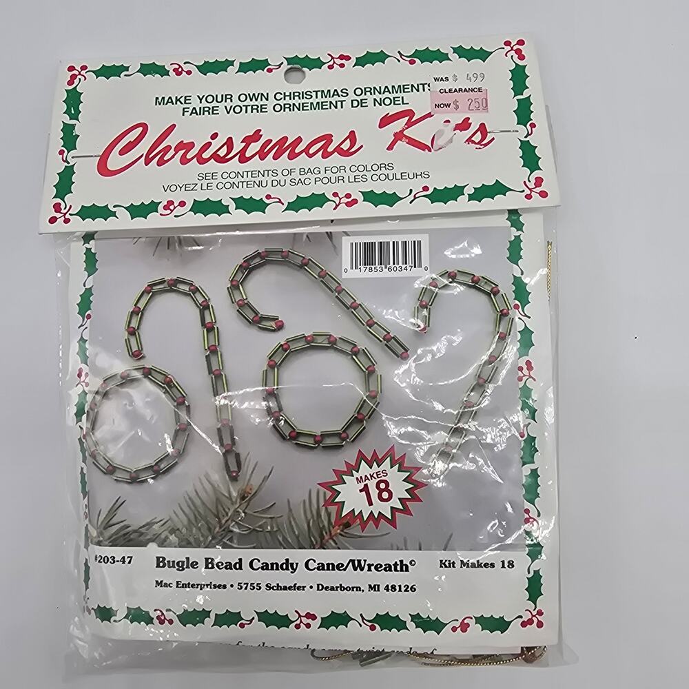 VTG Merri Mac Christmas Craft Kit #203-47 Bugle Bead Candy Canes & Wreaths